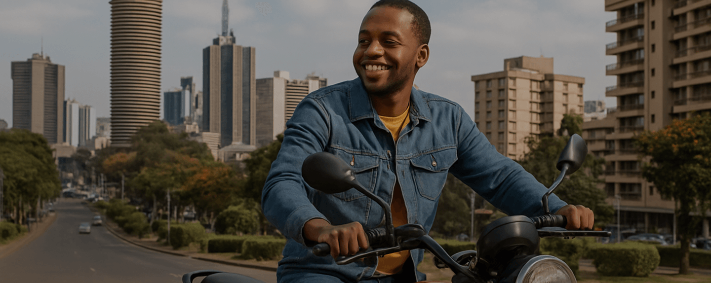 Rider on e-bike in Nairobi cityscape